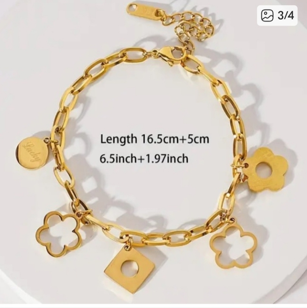 Lucky Trendy 18K Gold Plated Bracelet w/ Daisy Clover Leaf Inspired, Engraved - Picture 4 of 4